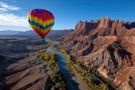A colorful hot air balloon floats peacefully over a winding river surrounded by majestic canyons at dawn.の写真素材
