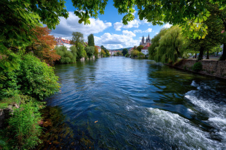 A serene river flows gently through a vibrant landscape, surrounded by trees and colorful foliage.の写真素材