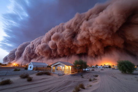 A towering dust storm looms over a quiet neighborhood as sunset casts an orange glow.の写真素材