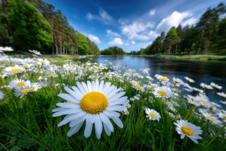 Bright daisies fill the foreground next to a tranquil river, under a clear blue sky with a few clouds.の写真素材