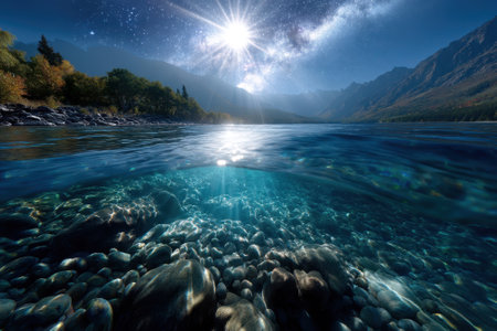 Bright sunlight reflects off a serene lake surrounded by mountains and starry sky at dusk.の写真素材