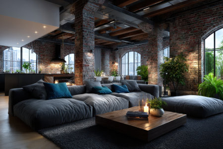 Warm, inviting living room features plush seating, natural light, plants, and an industrial design aesthetic.の写真素材
