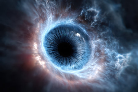 An eye appears amidst a cosmic backdrop of swirling blues and blacks, resembling a galaxy's core.の写真素材