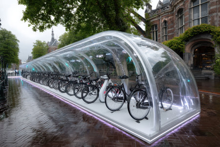 Bicycles are neatly parked in a transparent covered structure on a rainy day, surrounded by lush greenery.の写真素材