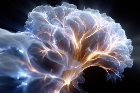 An abstract representation of neural connections, showing vibrant colors and complex formations.の写真素材