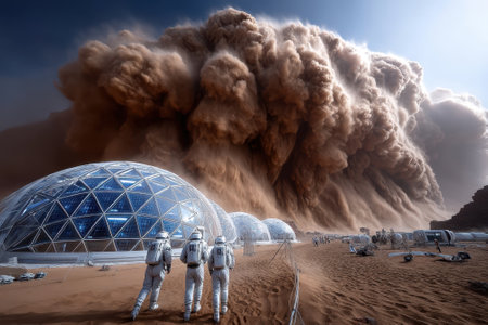 In a desert, scientists in space suits watch a massive dust storm approach their habitat domes, building tension.の写真素材