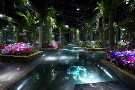 Lush plants surround tranquil water, creating a serene atmosphere filled with vibrant flowers.の写真素材