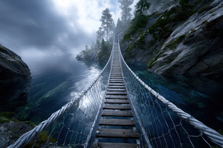 A wooden suspension bridge stretches across calm waters surrounded by trees under a misty sky.の写真素材
