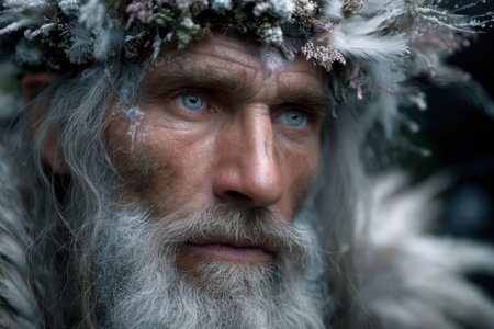 An elderly man adorned with a floral crown gazes intensely in a serene forest landscape.の素材