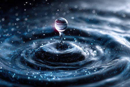 A single water droplet creates ripples in dark liquid, surrounded by sparkling reflections during a serene moment.の写真素材