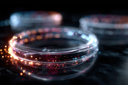 Glowing rings in vibrant colors float above a reflective surface, creating a stunning visual effect in darkness.の写真素材