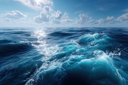 Waves roll across a sparkling ocean under a bright blue sky with fluffy clouds above.の写真素材