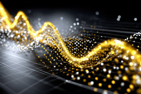 A vibrant wave of golden and silver dots undulates across a dark background, representing dynamic data trends.の写真素材