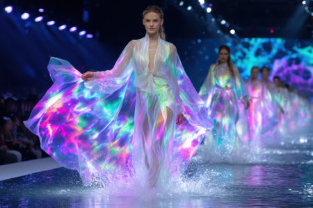 Models in translucent dresses glide over water, creating magical splashes during an evening fashion event.の写真素材