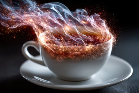 A white coffee cup releases vibrant, swirling steam resembling cosmic elements, creating a captivating effect.の写真素材