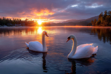 Two elegant swans swim side by side on a calm lake reflecting vibrant colors during a stunning sunset.の写真素材