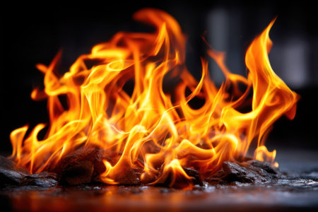 Bright flames rise and twist above charred wood, illuminating the dark surroundings with warm light.の写真素材