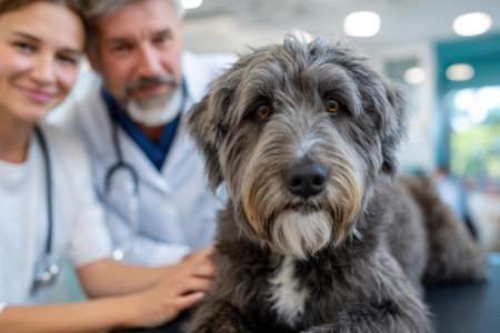 A scruffy dog receives attention from two veterinarians during a routine health examination in a bright clinic.の写真素材