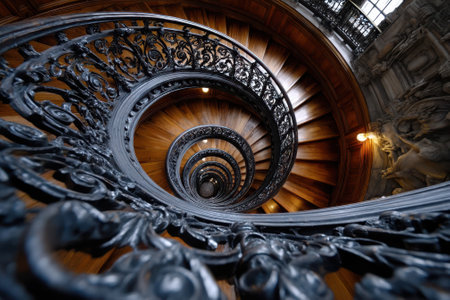 Detailed view of a spiral staircase featuring intricate iron railings and polished wooden steps in a historic location.の写真素材