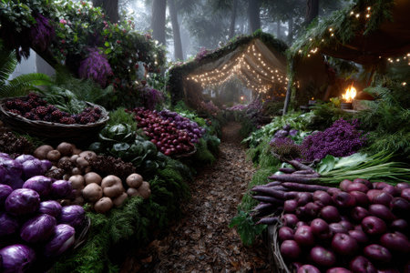 Vibrant display of fresh vegetables in a magical forest market, illuminated by soft lights under tree canopies.の写真素材