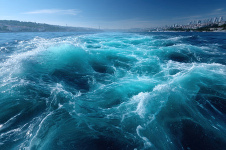 Vibrant turquoise waves surge and crash against the backdrop of a city's skyline under a bright sky.の写真素材