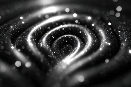 A captivating swirl of light and dark forms intricate patterns, resembling waves in a cosmic space.の写真素材