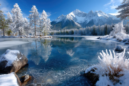 Snow blankets the trees and mountains as a serene lake showcases stunning winter reflections under clear skies.の写真素材