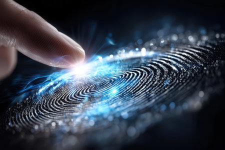 A close-up of a human finger touching a luminous digital fingerprint pattern, showing technology's reach.の写真素材