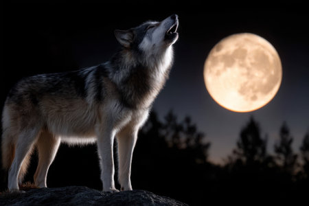 A wolf stands atop a rock, howling towards a bright full moon in the night sky.の写真素材