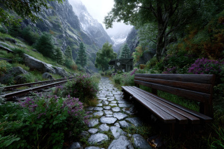 A serene path leads through lush greenery and colorful flowers, with a wooden bench next to a winding railway.の写真素材