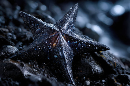 A black starfish covered in droplets sits on smooth stones by the shore at dusk, surrounded by a serene atmosphere.の写真素材