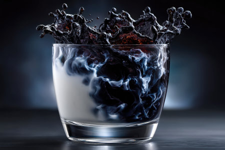 A glass filled with a dark liquid displays a dramatic splash, creating an artistic effect in low light.の写真素材
