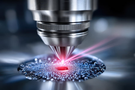 A laser cutting machine operates in a workshop, focusing on the precise interaction between laser and material.の写真素材