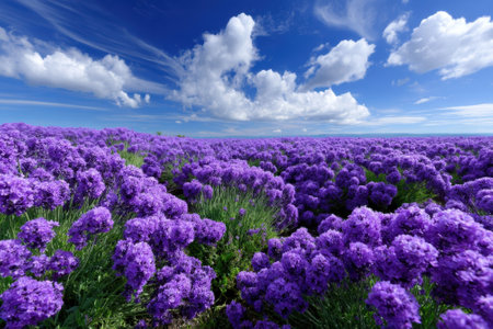 Vibrant lavender blossoms stretch across the landscape, creating a stunning purple tapestry in daylight.の写真素材
