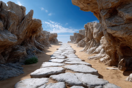 A winding stone pathway leads through towering rock formations under a clear blue sky, showing nature's beauty.の写真素材