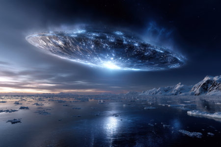 A large, glowing disc hovers in the night sky over a frozen ocean, illuminating the dark surroundings.の写真素材