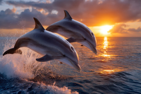 Two dolphins jump playfully above the water while the sun sets, creating a beautiful glow and splash.の写真素材