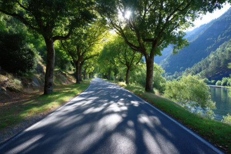 A winding road surrounded by lush green trees runs alongside a peaceful river under gentle sunlight.の写真素材