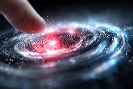 A fingertip gently touches a vibrant, swirling galaxy filled with stars and luminous colors.の写真素材