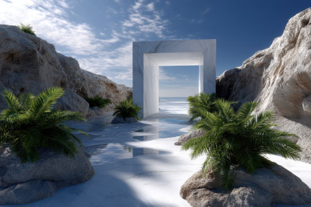 Coastal view featuring a striking marble arch framed by lush tropical plants and calm waters under a bright sky.の写真素材