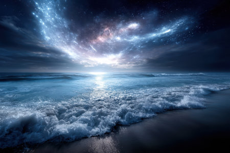Waves gently crash onto the beach, illuminated by a starry sky and vibrant cosmic colors at twilight.の素材