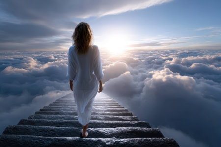 Figure in a white dress walks on stone steps above clouds, approaching a radiant sunrise.の写真素材
