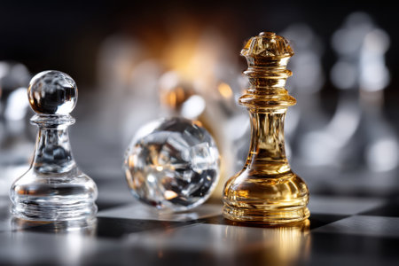 A close-up view of a chess setup featuring a golden king piece and a crystal pawn, emphasizing the game's strategy.の写真素材