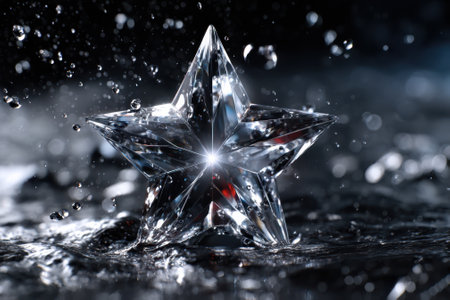 A shining crystal star rests on a dark surface as water splashes around, highlighting its brilliance and shape.の写真素材