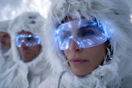 Explorers in furry white gear stand against a snowy landscape, wearing lighted goggles during a winter expedition.の写真素材