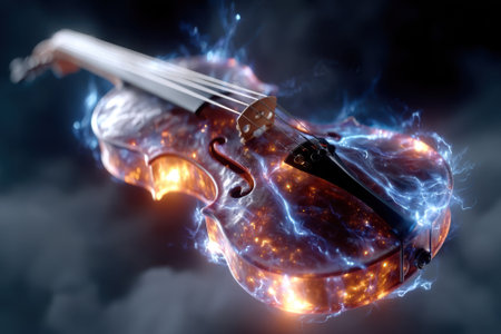 A stunning violin radiates with electric energy in a dark, mystical atmosphere filled with vibrant colors.の写真素材