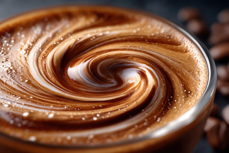 A rich, creamy coffee drink is elegantly swirled, showing its texture and flavor, with coffee beans nearby.の写真素材