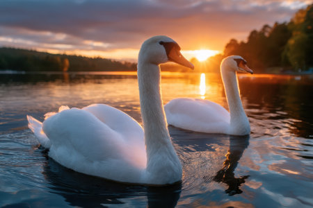 Two elegant swans gliding smoothly across a serene lake as the sun sets, creating a peaceful atmosphere.の写真素材