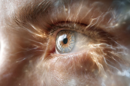 Close-up view of an eye displaying vibrant colors and dynamic patterns, emphasizing its unique beauty.の写真素材