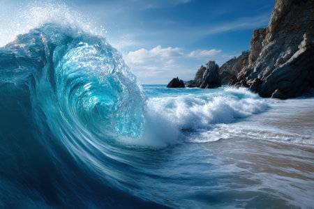 Turquoise waves roll onto a sandy beach as they collide with rugged cliffs under bright sunlight.の写真素材